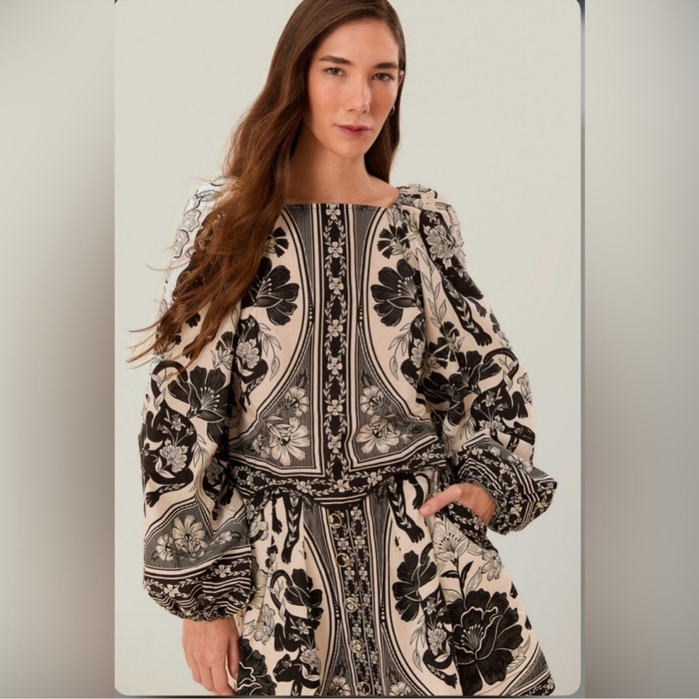 Farm Rio Off-White Flower Leopards Long Sleeve Blouse